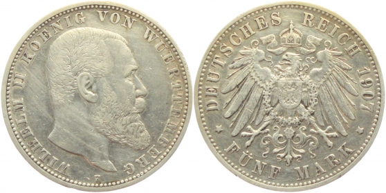 Württemberg - J 176 - 1907 F - Wilhelm II. (1891 - 1918) - 5 Mark - ss