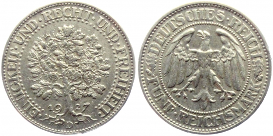 Weimarer Republik - J 331 - 1927 D - Eichbaum - 5 Reichsmark - ss-vz