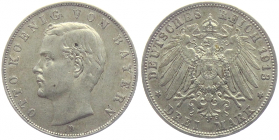 Bayern  J 47 - 1913 D - König Otto (1886-1913) - 3 Mark - ss-vz