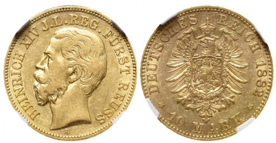 Reuss-Schleiz, jüngere Linie - J 255 - 1882 A - Heinrich XIV. (1867-1913) - 10 Mark - NGC  AU 50