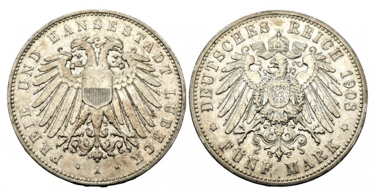 Lübeck - J 83 - 1908 A - großes Stadtwappen - 5 Mark - ss-vz