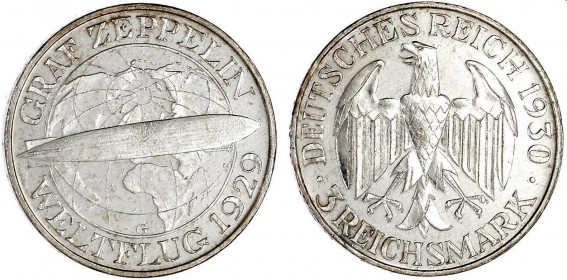 Weimarer Republik - J 342 - 1930 G - Zeppelin - 3 Reichsmark - vz