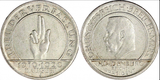 Weimarer Republik - J 341 - 1929 J - Schwurhand - 5 Reichsmark - vz