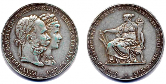 Österreich - Haus Habsburg - 1879 - Kaiser Franz Joseph I. (1848-1916) mit Elisabeth zur Silberhochzeit - 2 Gulden - vz