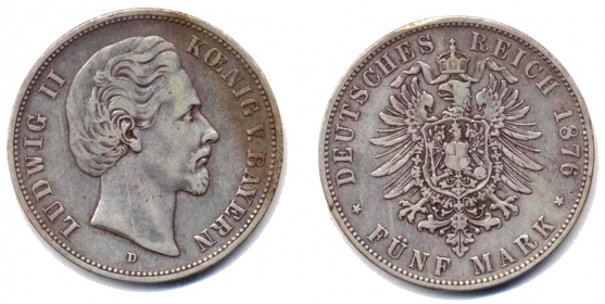 Bayern - J 42 - 1876 D - König Ludwig II. (1864-1886) - 5 Mark - ss+