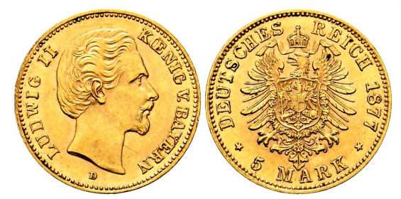 Bayern - J 195 - 1877 D - König Ludwig II. (1864-1886) - 5 Mark - vz