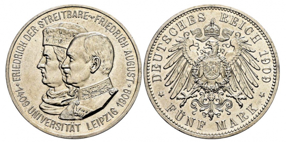 Sachsen - J 139 - 1909 E - Friedrich August III. (1904-1918) mit Friedrich I. - Uni Leipzig - 5 Mark - st