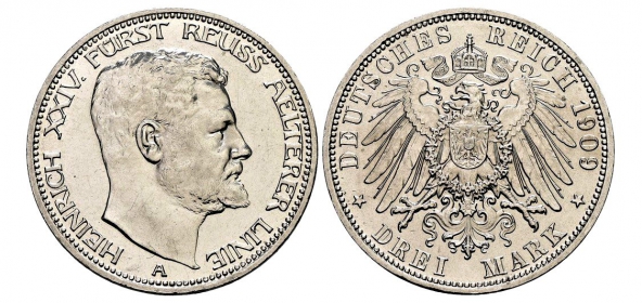 Reuss, ältere Linie - J 119 - 1909 A - Fürst Heinrich XXIV. (1902-1918) - 3 Mark - vz-st