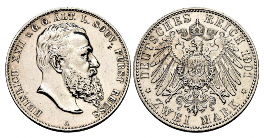 Reuss, ältere Linie - J 118 - Fürst Heinrich XXII. (1867-1902) - 2 Mark - vz