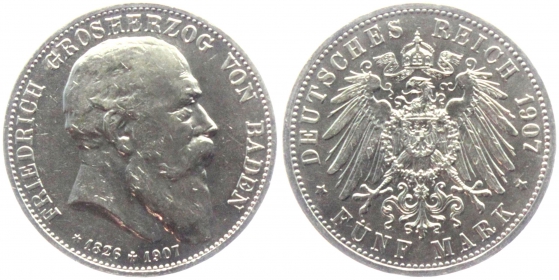 Baden - J 37 - 1907 - Friedrich I. (1852-1907) mit Lebensdaten - 5 Mark - ss-vz