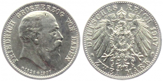 Baden - J 36 - 1907 - Friedrich I. (1852-1907) - Auf seinen Tod - 2 Mark - vz-st