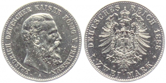 Preussen - J 98 - 1888 A - Friedrich III. (1888) - 2 Mark - ss Kr.