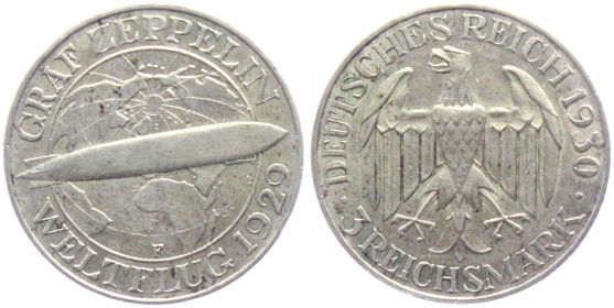 Weimarer Republik - J 342 - 1929 F - Zeppelin - 3 Reichsmark - f.vz