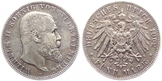 Württemberg - J 176 - 1902 F - Wilhelm (1891-1918) - 5 Mark - ss+