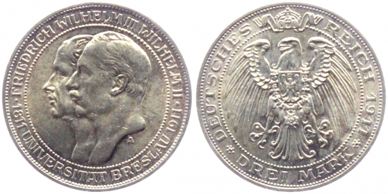 Preussen - J 108 - 1911 - Wilhelm II. (188-1918) - mit Friedrich Wilhelm III.  - Uni Breslau - 3 Mark - vz-st