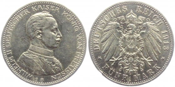 Preussen - J 114 - 1913 A - Kaiser Wilhelm II. (1888-1918) - in Uniform - 5 Mark - vz