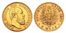 Württemberg - J 291 - 1877 F - Karl von Württemberg (1864-1891) - 5 Mark - vz